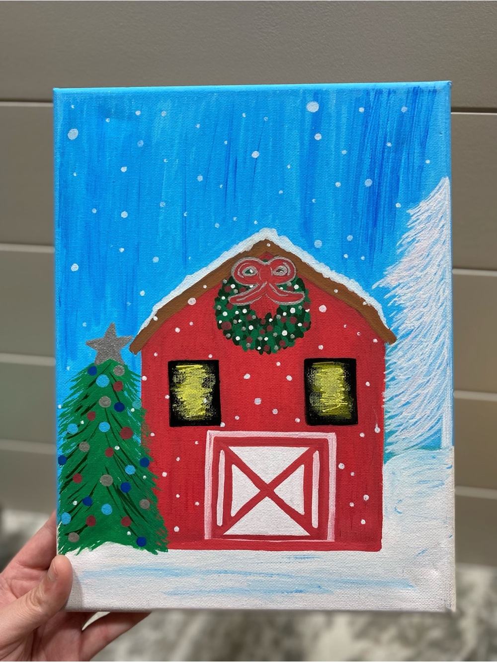 Hand Crafted Red Barn Winter Scene Canvas - Picture 4 of 4